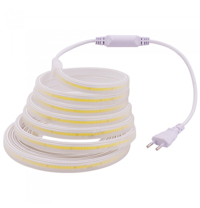 bobina de tira led COB 220v 50metros corte cada 50cm 288leds/m 10w/m luz calida (CONEXION INCLUIDO)