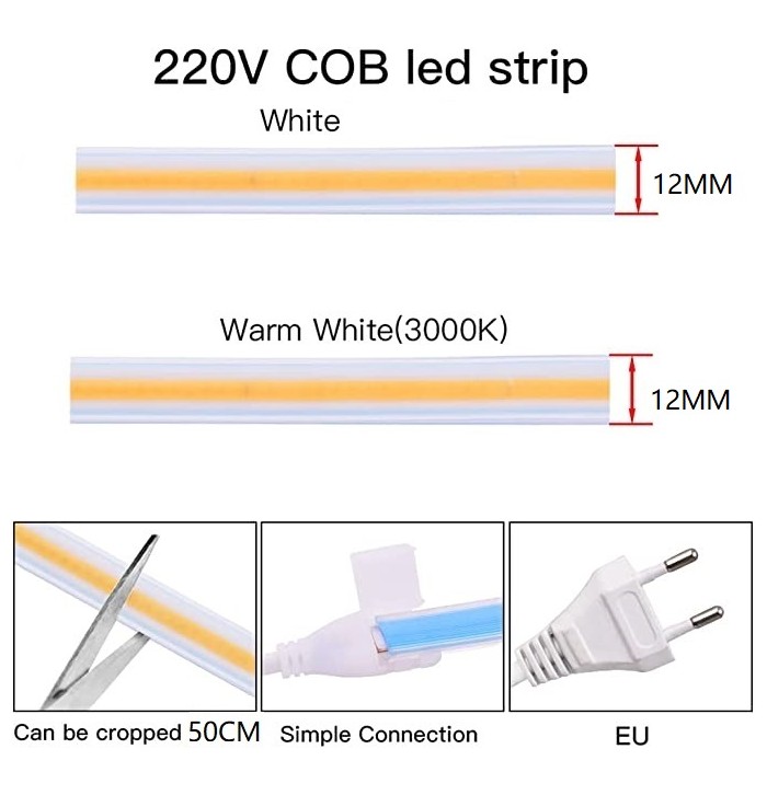 bobina de tira led COB 220v 50metros corte cada 50cm 288leds/m 10w/m luz calida (CONEXION INCLUIDO)